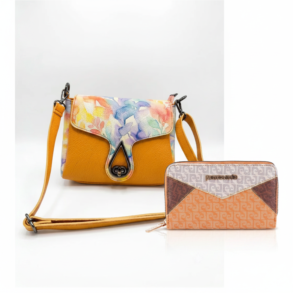 Duo Élégance — Sac Fleuri + Portefeuille Pierre Cardin