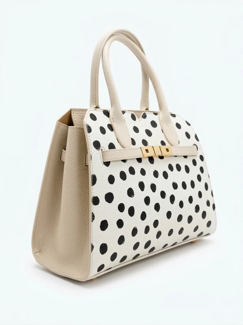 Sac à main structuré cuir Dollaro à pois beige et noir - Fabriqué en Italie